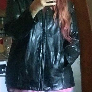 womens XL Mens Large Flawed Vintage Patchwork Black Leather Jacket with pockets